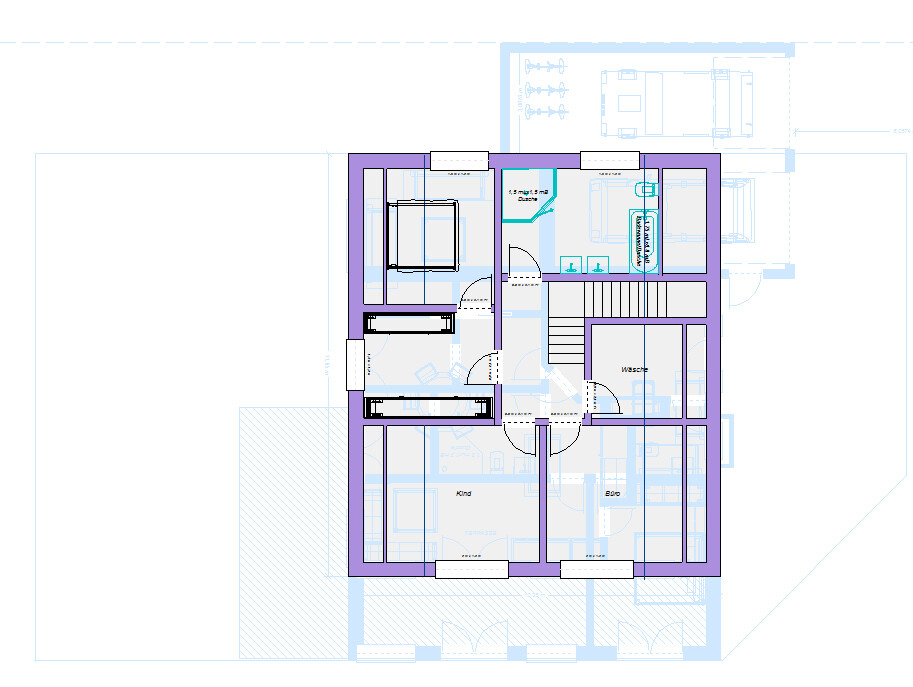 Grundriss eines Wohnhauses mit mehreren Zimmern, Treppe, Bad und Küche.