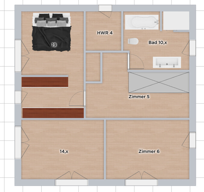 Grundriss einer Wohnung: Schlafzimmer oben links, Bad oben rechts, HWR 4, Zimmer5, Zimmer6.
