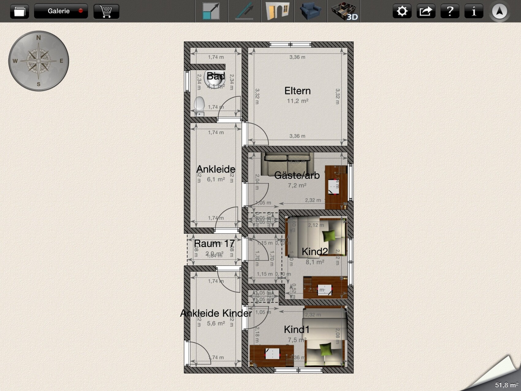 Grundriss eines Wohnungsplans: Elternzimmer, Bad, Ankleide, Gäste/Arbeitszimmer, Kind1, Kind2.