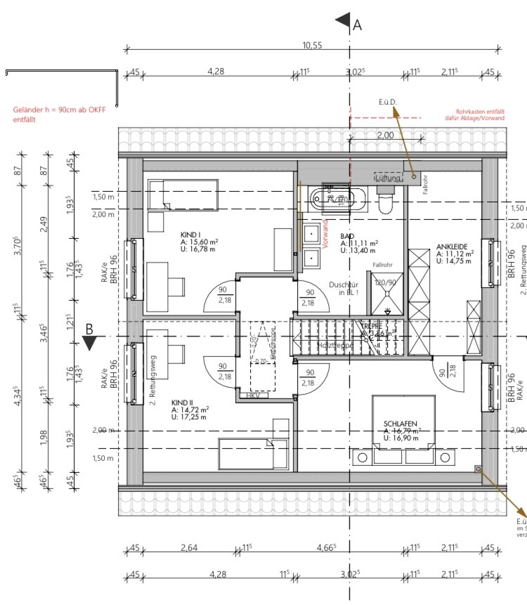 Dachgeschoss-Grundriss: Schlafzimmer, zwei Kinderzimmer, Bad, Ankleide, Treppe.
