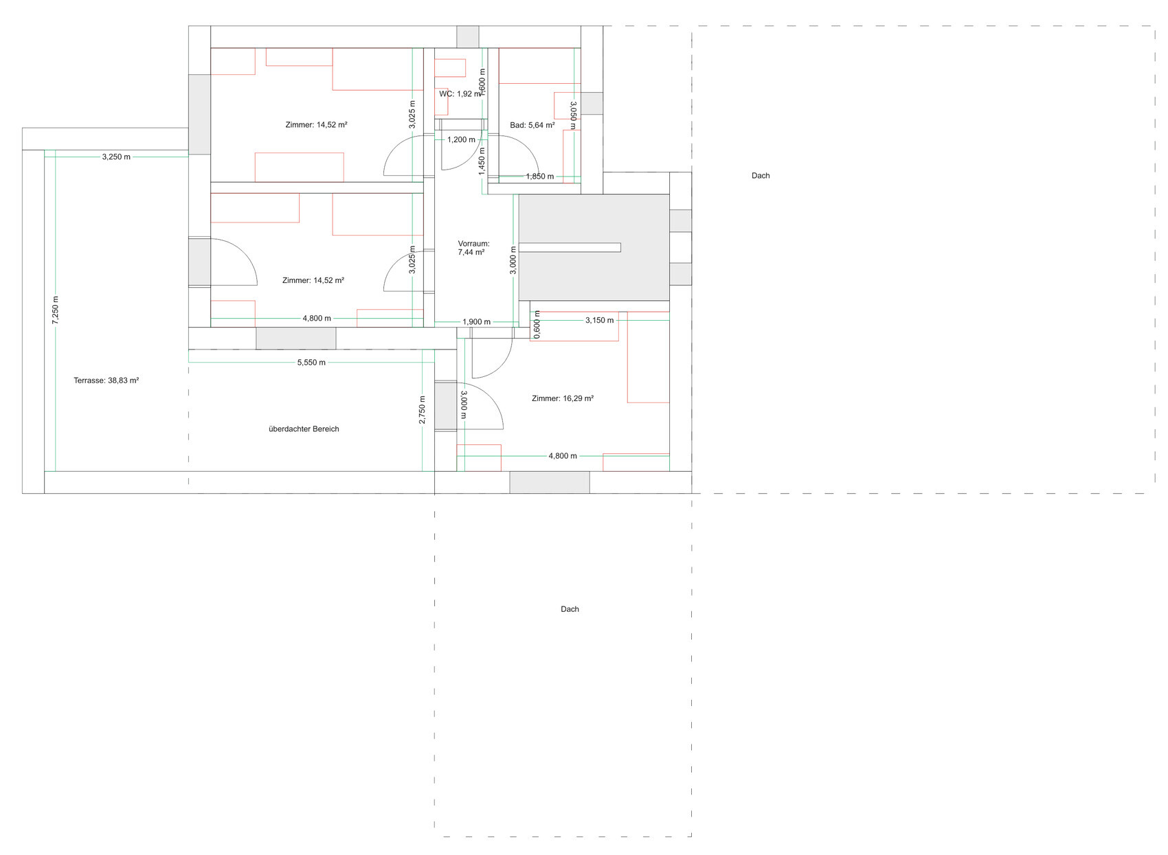 2D-Hausgrundriss mit Zimmern, Terrasse und Maßen