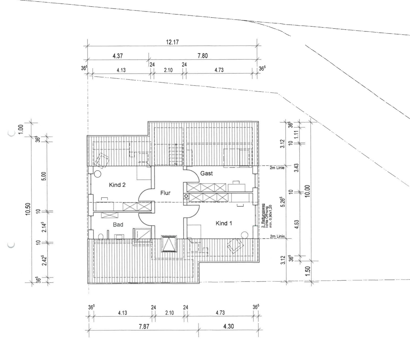 Grundriss eines Hauses mit Flur, Gast, Bad und zwei Kinderzimmern.