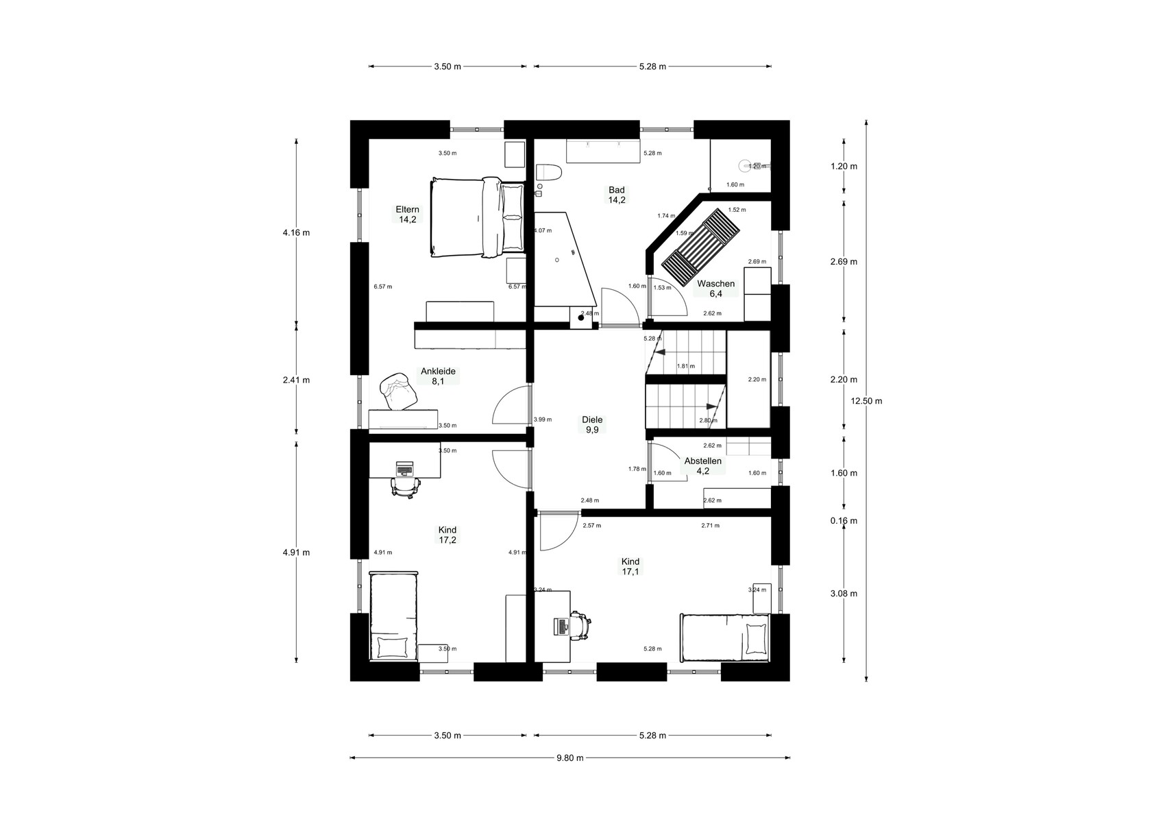 Grundriss eines Wohnhauses mit Eltern, Ankleide, Diele, Bad, Waschen, Kinderzimmer