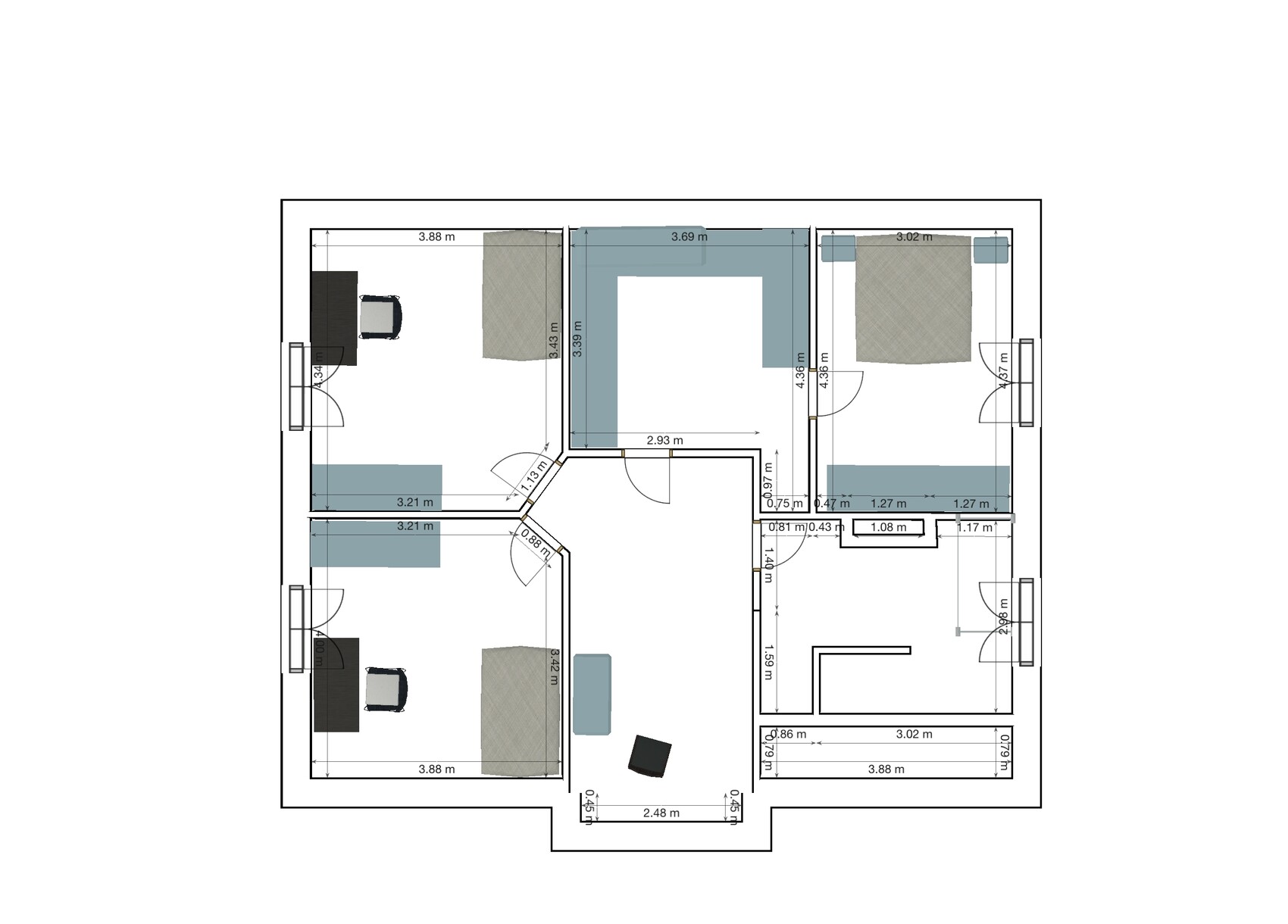 Grundriss eines Mehrzimmer-Hauses mit Möbeln, Türen und Maßangaben.