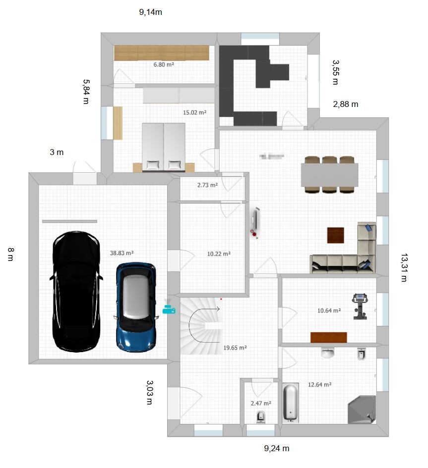 Grundriss eines Hauses mit Küche, Wohnzimmer, Schlafzimmer, Bad, Treppenhaus und Garage.