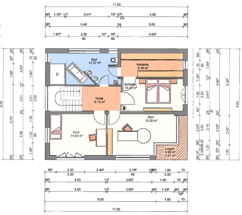 Grundriss eines Obergeschosses mit Bad, Schlafen, Ankleide, Büro, Kind, Diele und Loggia.