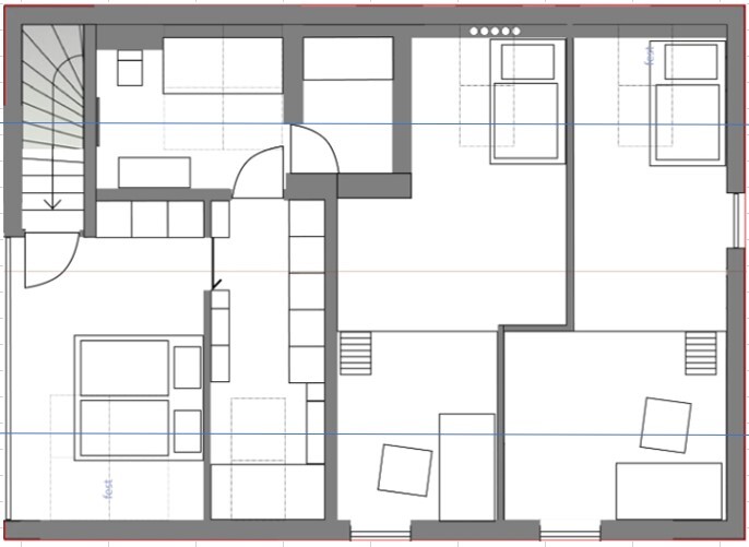 Grundriss eines Hauses: Treppe links, Flur, mehrere Zimmer mit Betten und Möbeln.