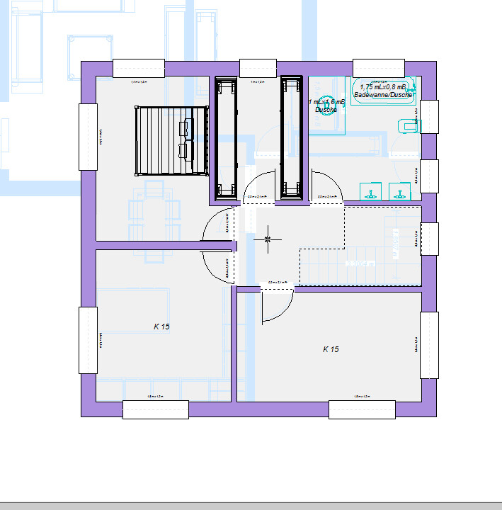 Grundriss eines Wohnhauses mit Treppe, Flur, zwei Zimmern (K 15) und Bad mit Dusche.