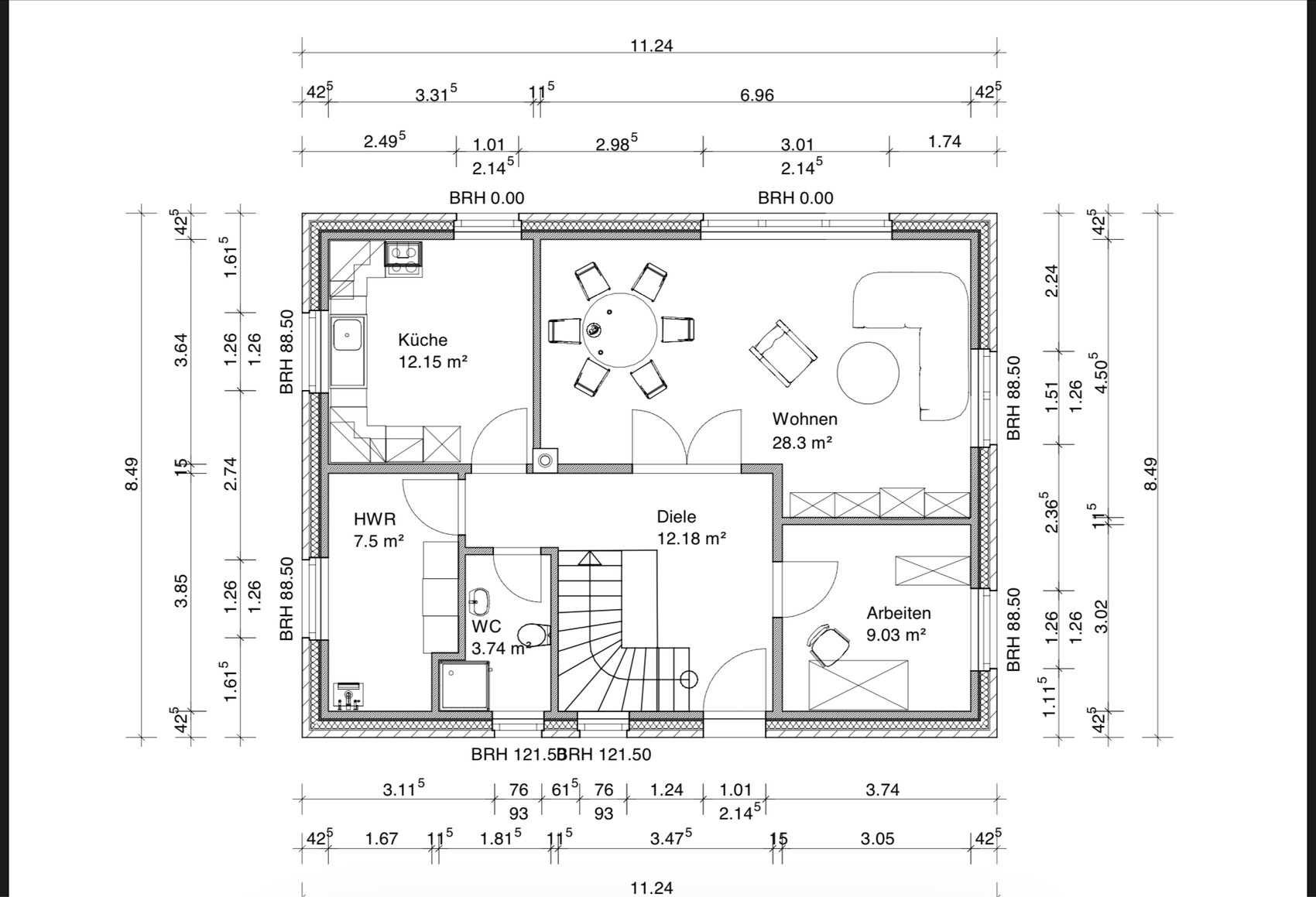 Grundriss eines Wohnhauses mit Küche, Wohnen, Diele, HWR, WC und Arbeiten.