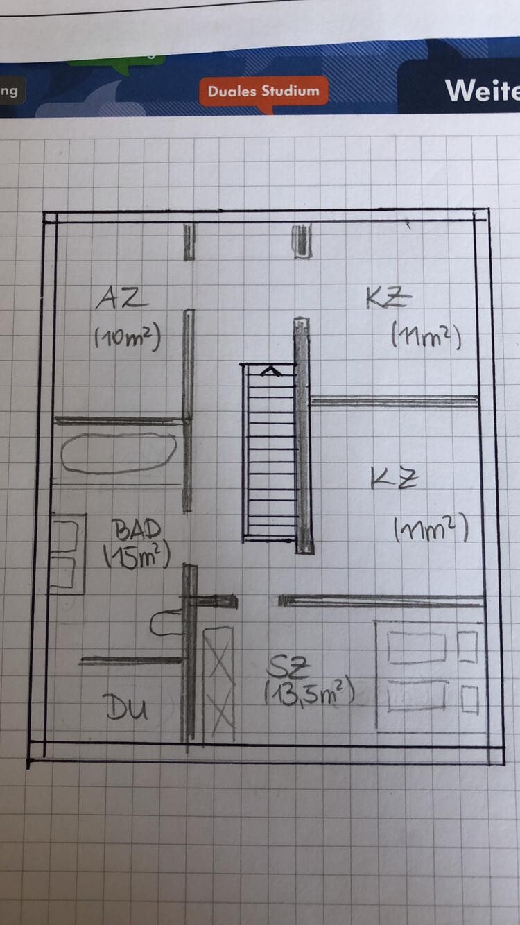 Handgezeichneter Grundriss: zentrale Treppe, Bad, Dusche, SZ (Schlafzimmer), AZ und KZ.