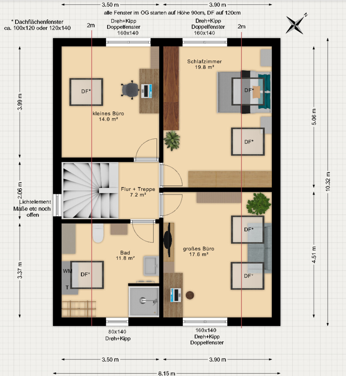 Grundriss eines Dachgeschosses: zwei Büros, Schlafzimmer, Bad, Flur und Treppe.