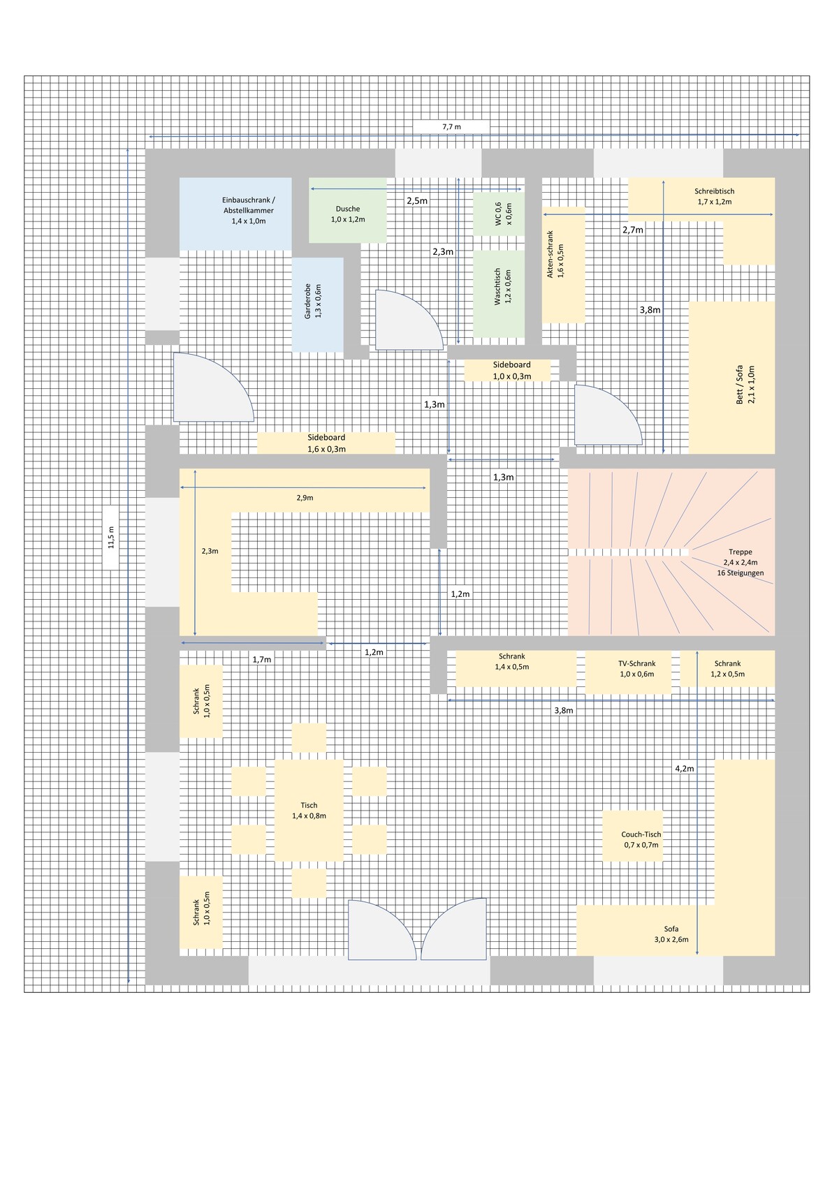 Detaillierter 2D-Hausgrundriss mit Raumaufteilung, Türen und Treppen