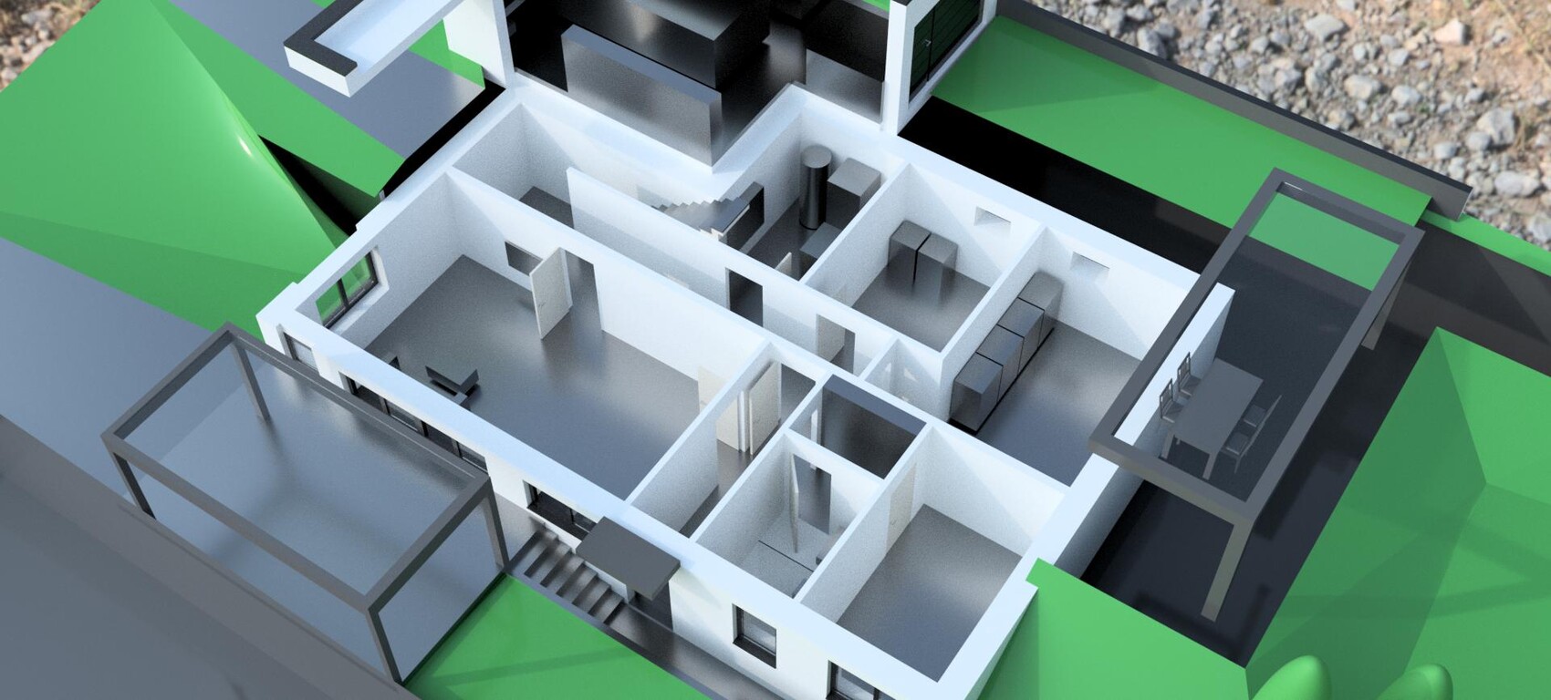 Ansicht eines 3D-Grundrisses eines Hauses mit mehreren Zimmern, Treppe und Außenbereich.