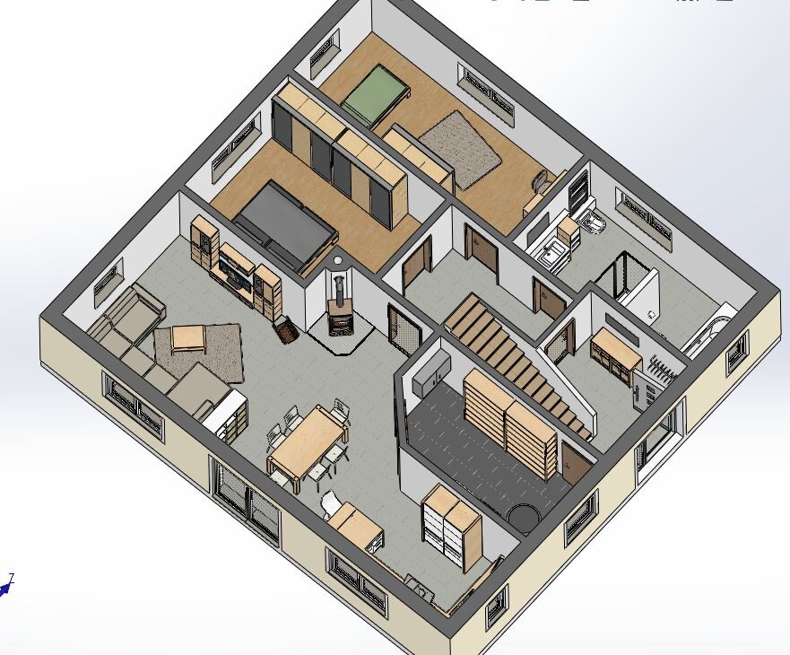 3D-Ansicht eines Mehrzimmer-Hauses mit Wohnzimmer, Küche, Essbereich und Treppe