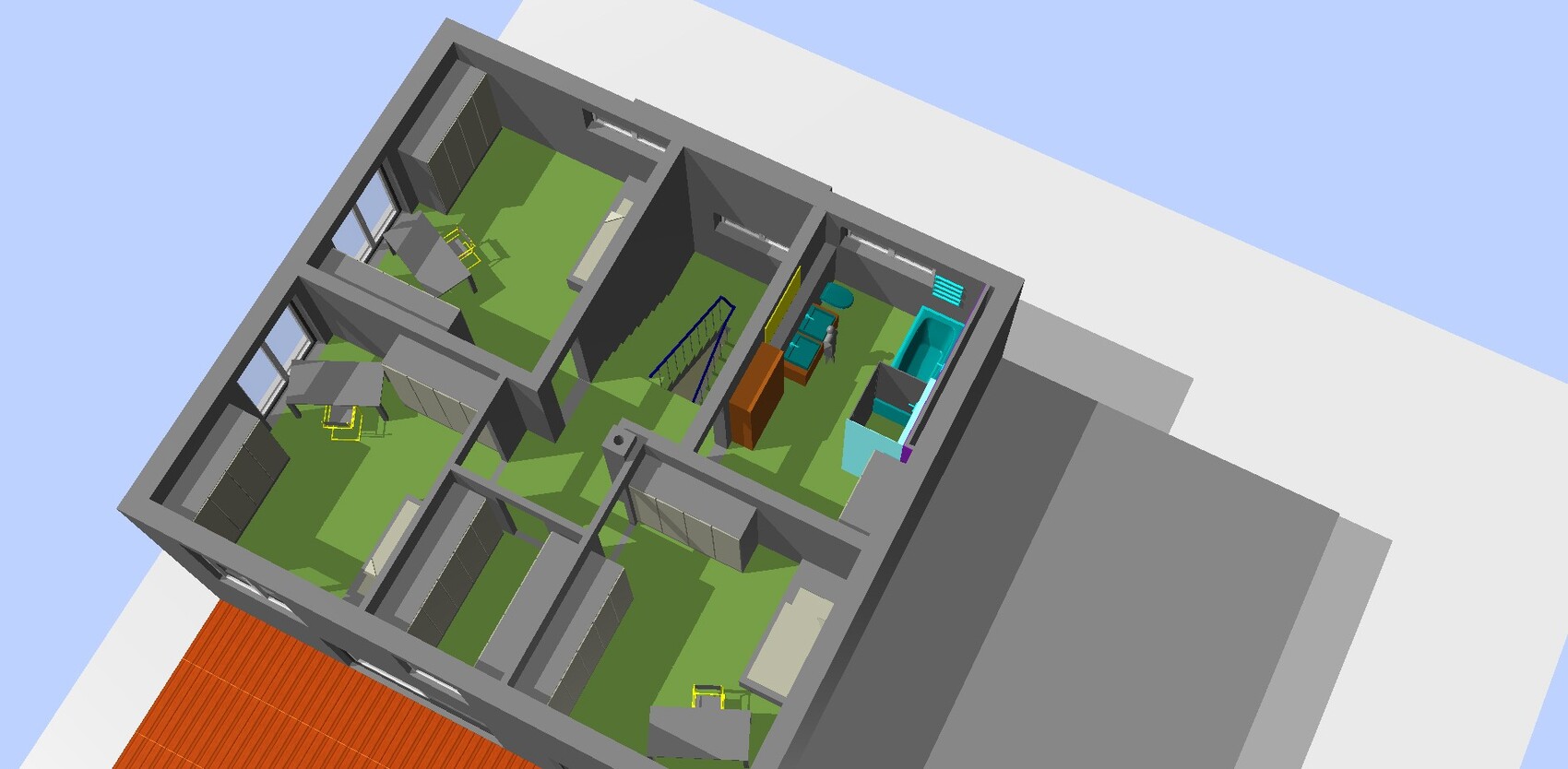 Isometrischer 3D-Grundriss eines Hauses: Wohnzimmer, Küche, Flure, Treppe, Bad und Möbel