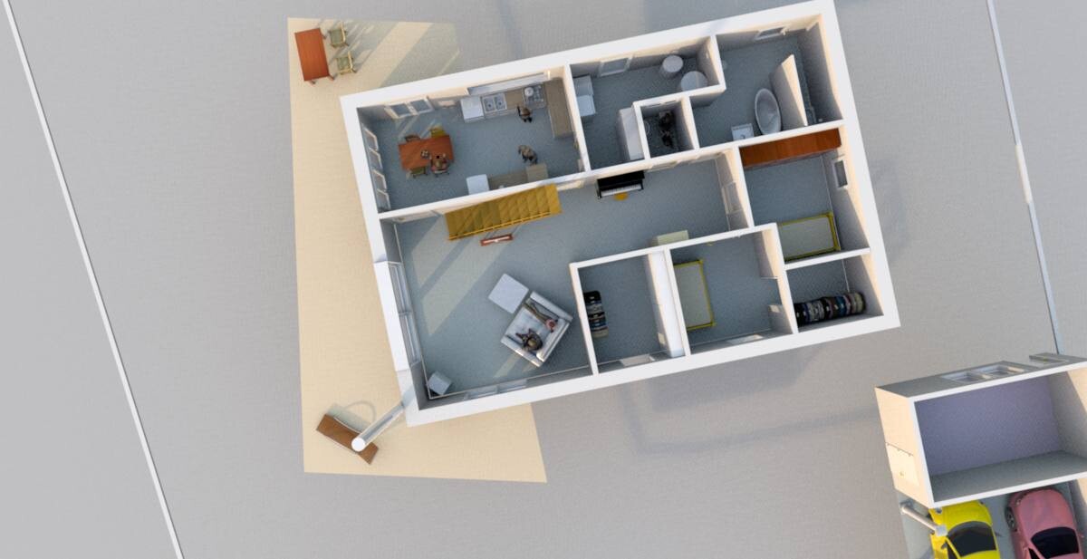 3D-Grundriss eines Hauses von oben: Küche, Esszimmer, Wohnzimmer, Bad und Schlafzimmer.