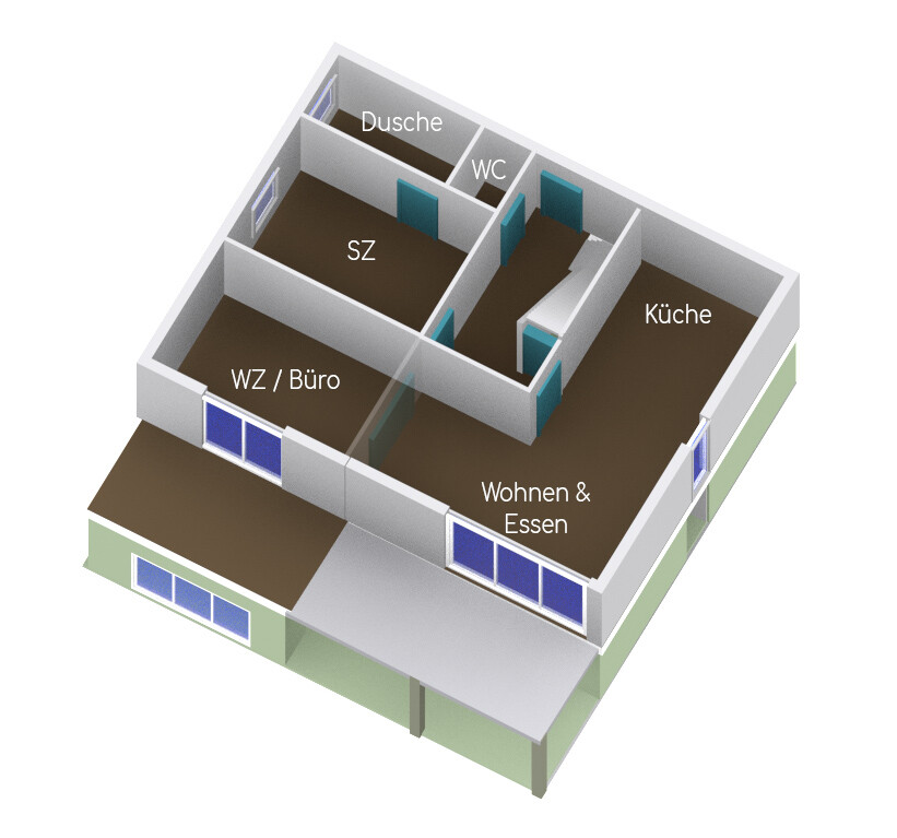 Detaillierter 3D-Grundriss eines Hauses mit Wohnzimmer, Küche, Schlafzimmer, Dusche und WC.