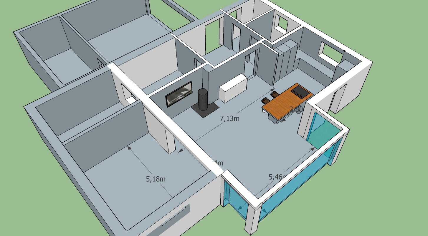 3D-Grundriss eines offenen Wohn- und Essbereichs mit Kamin, TV und Glasfront