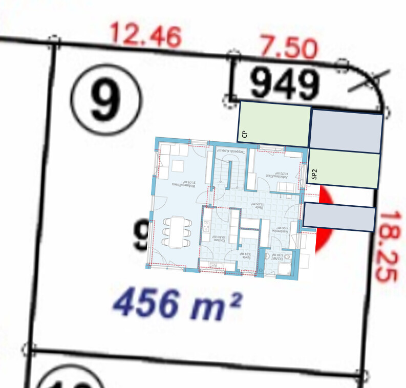 Grundstücksplan mit blauem überlagertem Hausgrundriss, Fläche 456 m².