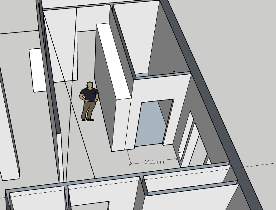 3D-Architekturplan: Innenraum mit stehender Person, Wänden, Tür, 1420 mm Maß.