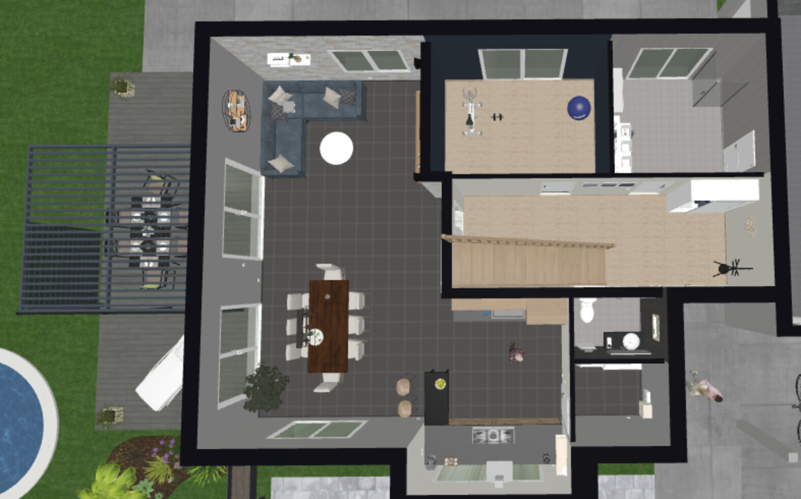 Draufsicht auf einen modernen Hausgrundriss: Wohnzimmer, Essbereich, Küche, Gym, Bad, Terrasse.