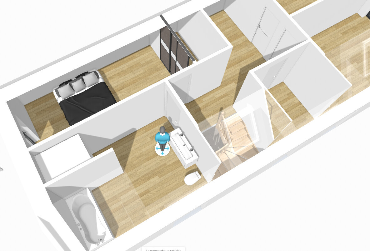 3D-Apartment-Grundriss: Schlafzimmer, Bad mit Waschbecken, Toilette, Treppe, Person am Waschbecken