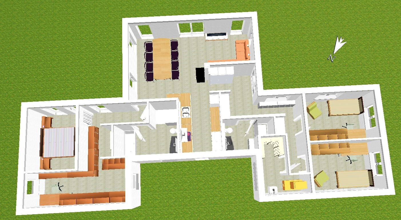 3D-Grundriss eines Hauses (Top-Down): Küche, Essbereich, Wohnzimmer, Flur, Schlafzimmer.