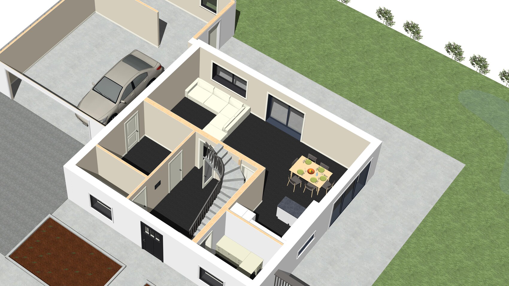 Isometrische 3D-Ansicht: offener Wohnraum mit Esstisch, Küche, Treppe, Garten und Auto im Carport.