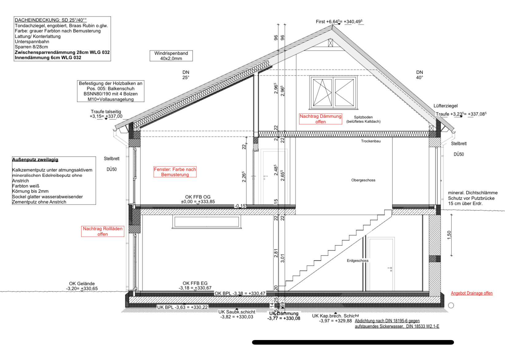 Querschnitt durch ein zweistöckiges Haus mit Dachgeschoss, Treppe und Fenstern.