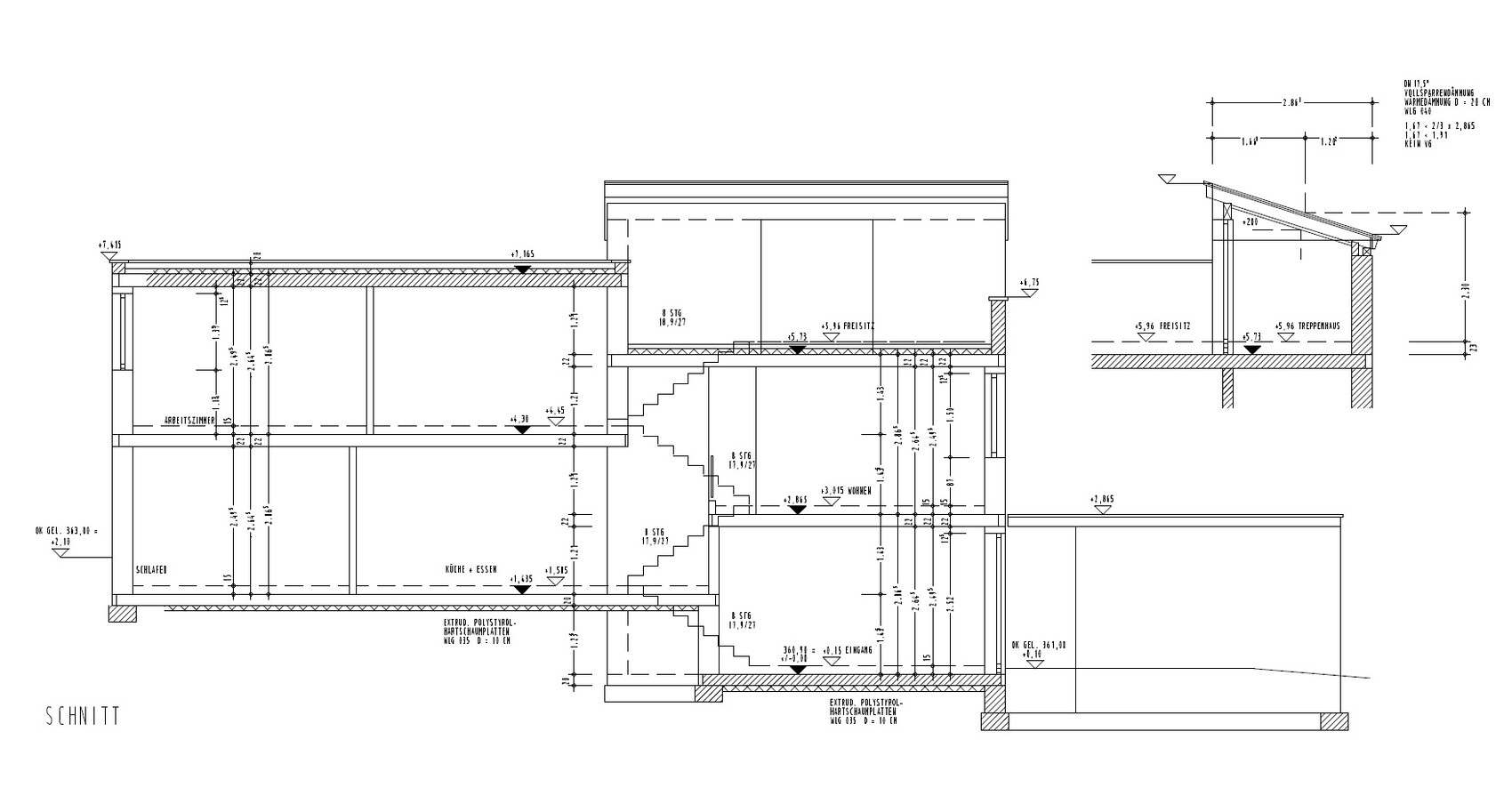 Gebäudeschnitt eines mehrstöckigen Hauses mit Treppenhaus, Küche + Essen, Wohnen, Schlafen.