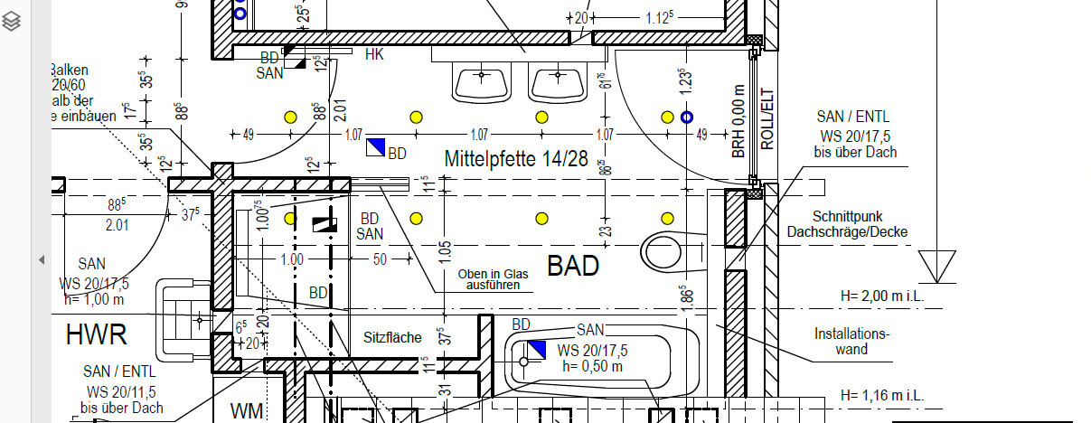 Detaillierter Bad-Grundriss mit Sanitäranlagen auf Architekturplan