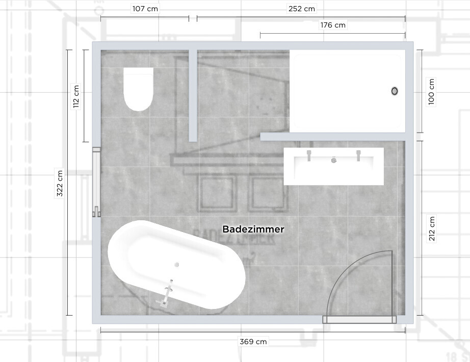 Badezimmer-Grundriss: Badewanne links, Waschbecken rechts, Toilette oben links, Tür rechts.