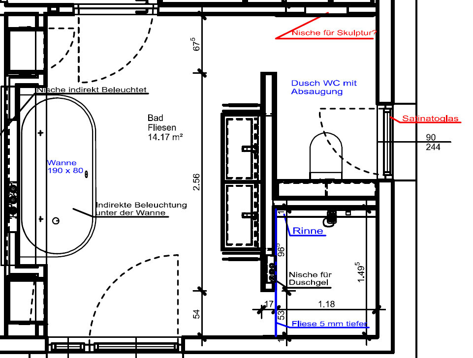 Badezimmer-Grundriss: linke Wanne 190×80, rechts Dusch-WC mit Absaugung, Nische Duschgel, Satinatglas