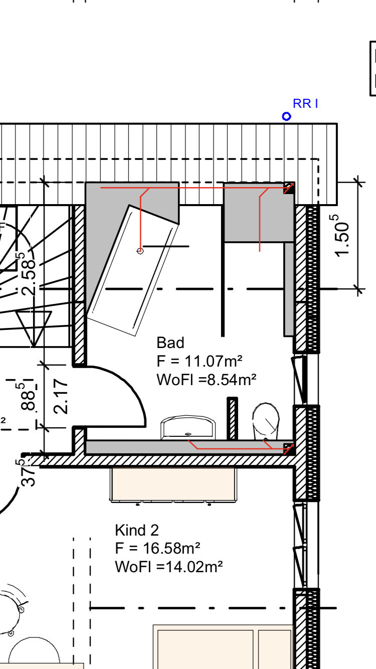 Grundriss eines Wohnungsabschnitts: Bad und Kind 2 Zimmer, Türen, Möbel und Maßlinien.