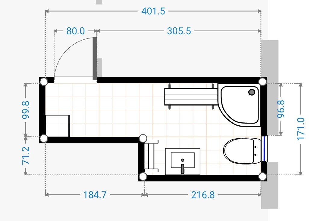 Badezimmer-Grundriss mit Waschbecken, Toilette, Badewanne und Türöffnung, Maßangaben.