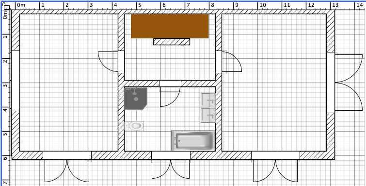 Grundriss einer Wohnung mit drei Zimmern, Küche, Badewanne und Waschmaschine