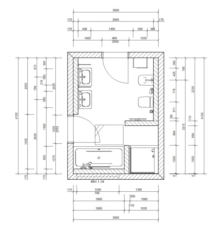 Grundriss eines Badezimmers mit Badewanne, Waschbecken, Toilette und Tür.