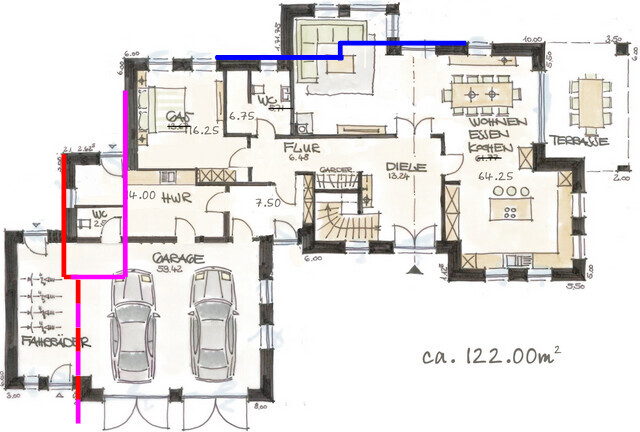 Grundriss eines Einfamilienhauses mit Garage, Wohnzimmer, Küche, Flur und Terrasse.