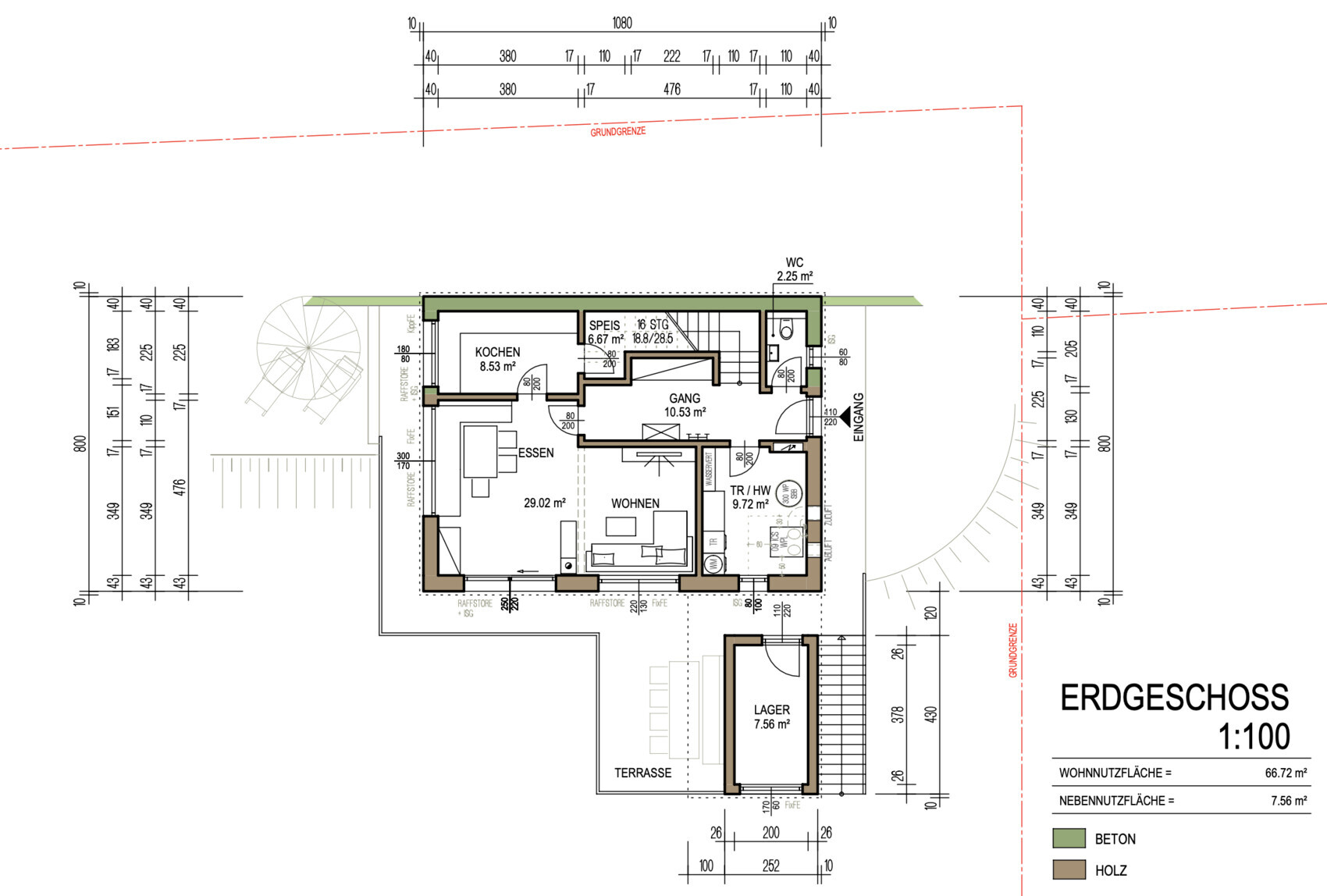 Grundriss Erdgeschoss: Küche, Essen, Wohnen, Gang, Lager, Terrasse, WC, Treppe.