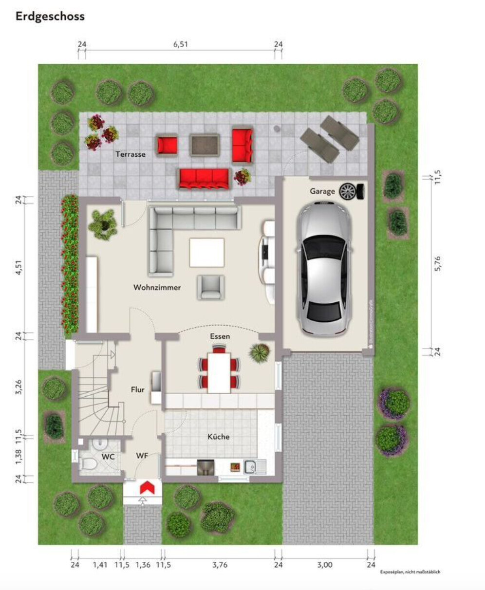 Grundriss Erdgeschoss: Wohnzimmer, Essen, Küche, Flur, WC, Terrasse mit Sitzgruppe, Garage mit Auto.