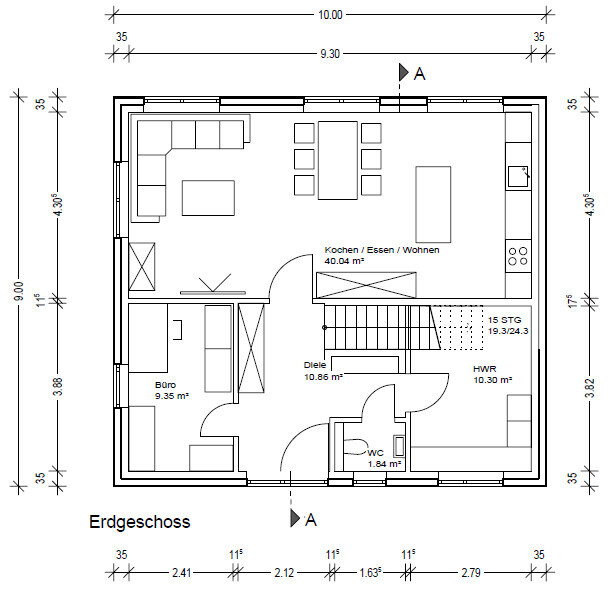 Grundriss Erdgeschoss: offener Koch/Ess/Wohnen-Bereich, Büro, Diele, WC, HWR, Treppen, Eingang A