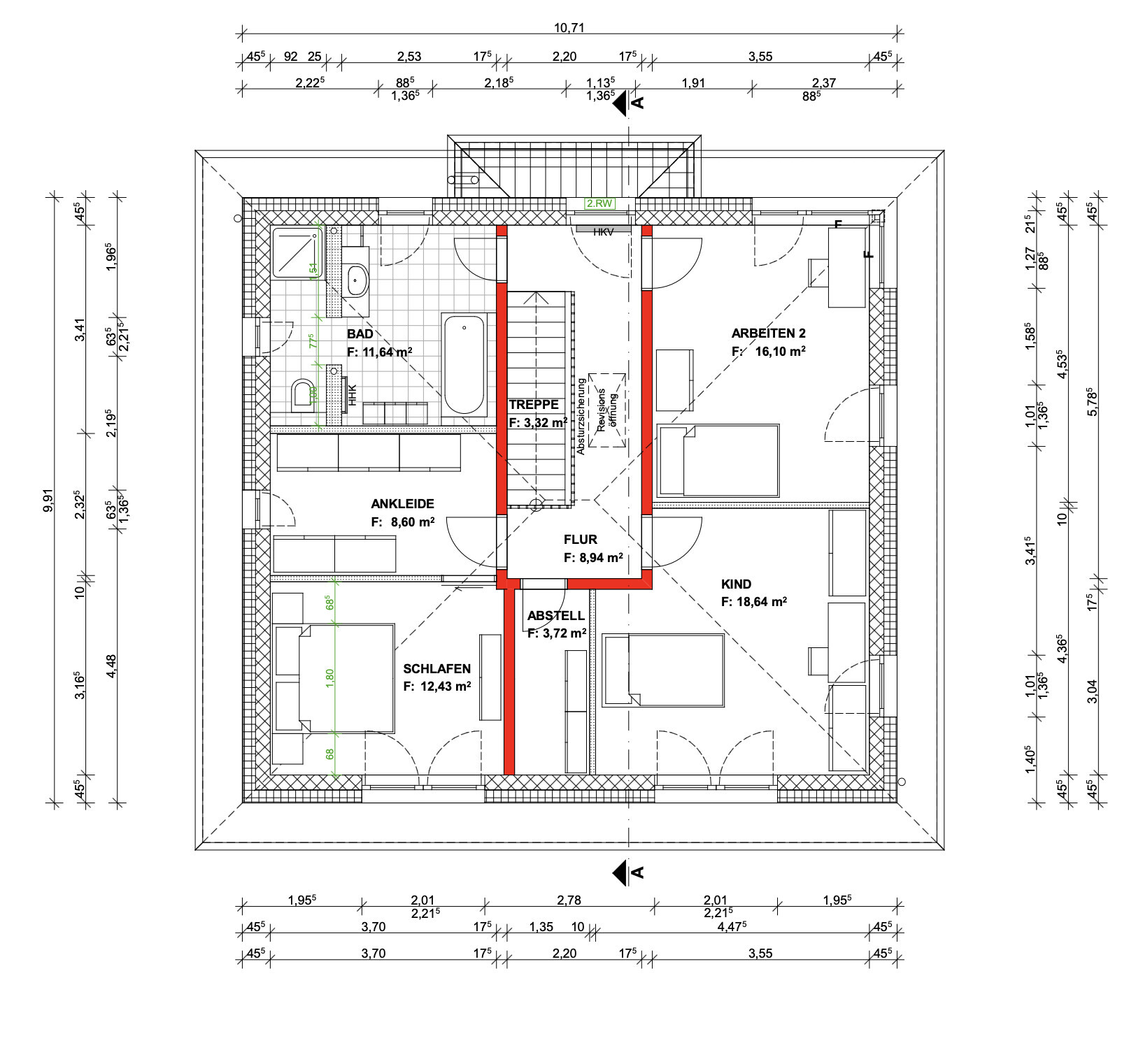 Dachgeschoss-Grundriss mit BAD, ANKLEIDE, SCHLAFEN, FLUR, ABSTELL, TREPPE, ARBEITEN, KIND