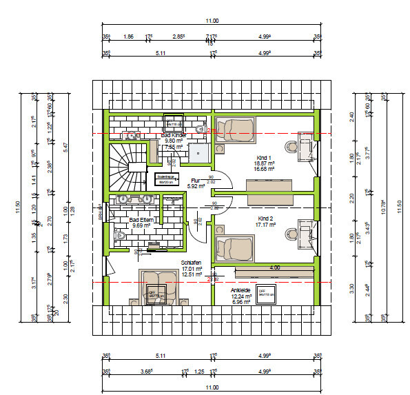 Grundriss eines Hauses: Schlafen, Kinderzimmer, Bad Eltern, Bad Kinder, Flur, Treppe.
