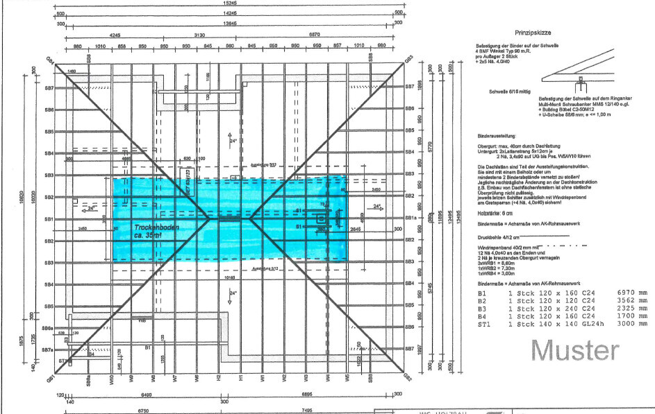 Technische Bauzeichnung eines Grundrisses mit blauer Markierung in der Mitte.