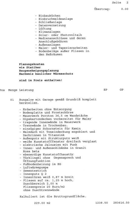 Dokumentseite mit Baukostenliste und Baumaßnahmen für Bungalow mit Garage.