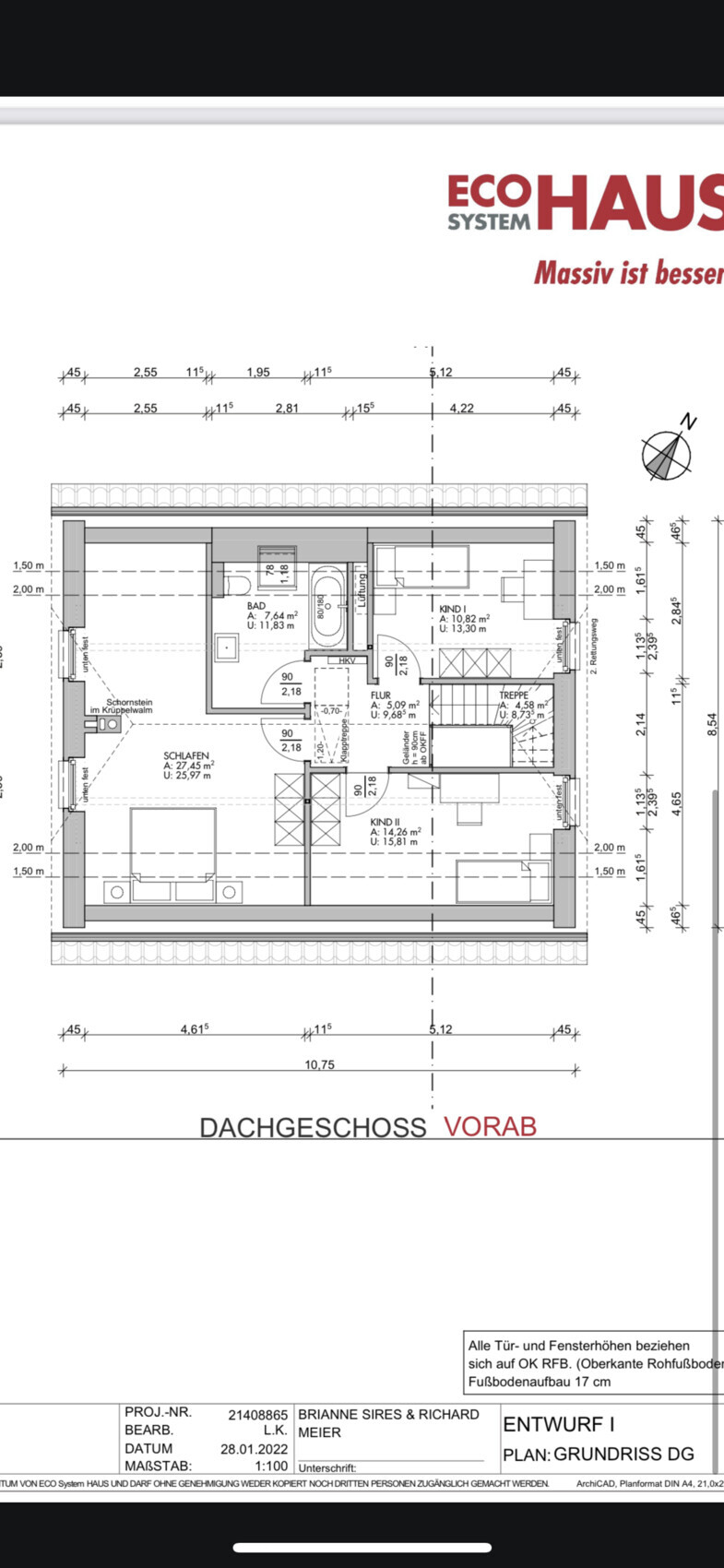Dachgeschoss-Grundriss mit Schlafzimmer, Bad, Kind I/II, Flur und Treppe.