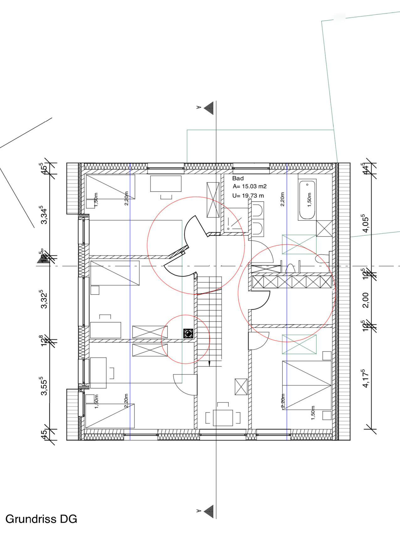 Detaillierter Grundriss DG mit Badezimmern, Treppen und Zimmern