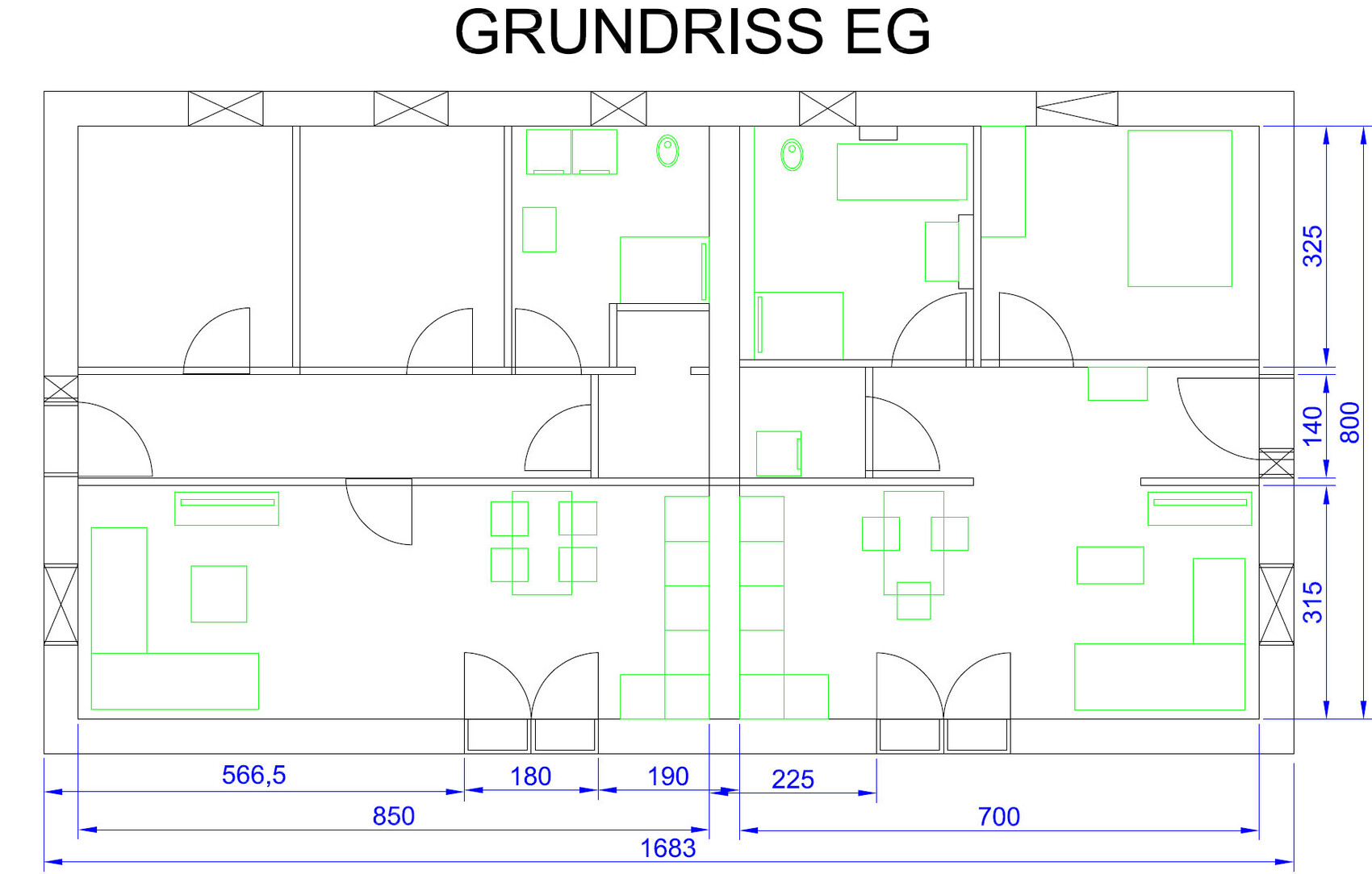 Grundriss EG: detaillierte Raumaufteilung mit Türen und Möbeln (Maßlinien im Plan).