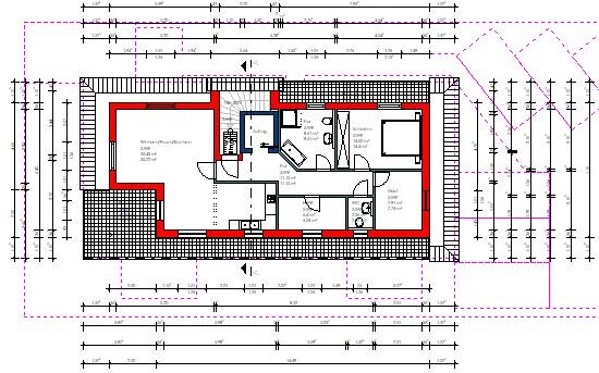Grundriss eines Hauses: Wohnzimmer links, Küche, Flur, Bad und zwei Schlafzimmer rechts.