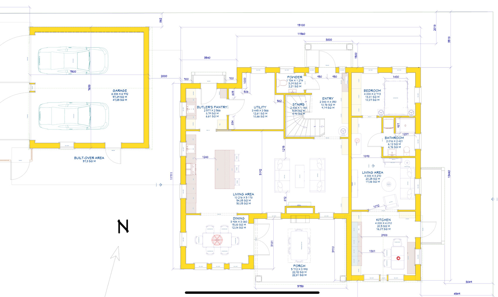 Grundriss eines Einfamilienhauses mit Garage links, gelbe Wände, Räume wie Living, Küche, Bad.